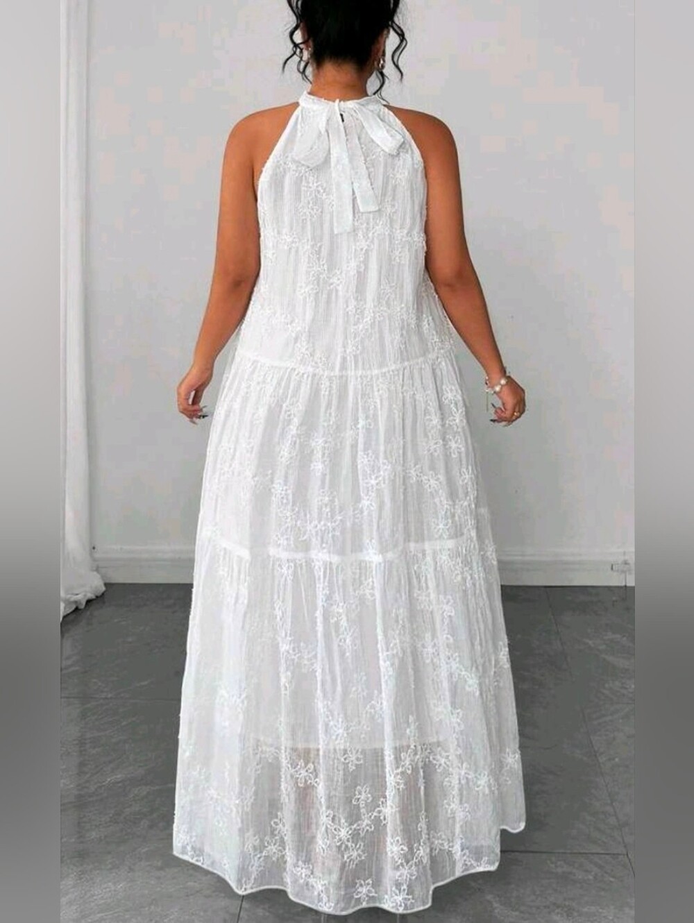 New Boho Lace Tie Neck Halter Tiered Loose Maxi Dress PLUS Sleeveless White - Picture 6 of 9